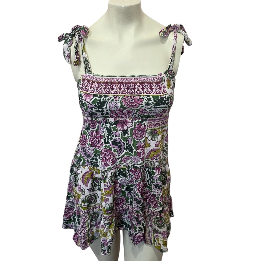 Angie S Floral Tie Strap Babydoll Tank Top Boho Open Back Rayon Festival